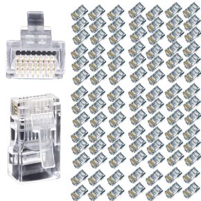 RJ45 Connector, 100 Pack CAT.5E, Cat6, CAT.7 Shielded Perforated Ethernet Cable Crimping Connector Network Plug, Suitable for Solid Wire and Standard Cable, Transparent (CAT.5E)