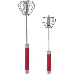 Stainless Steel Push Whisk - Easy to Use Manual Hand Mixer & Plunger Whisk - Make Froth, Foam & Whipped Cream - Semi Auto Egg Beater Plastic Tip Won’t Scratch Pans (2 Pack 10in & 12in) WHITE