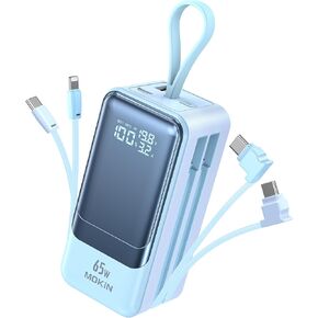 65W Portable Charger for Laptop, 18400mAh Power Bank with 2 Cables 4-Output, Smart Digital Display, Travel Laptop External Battery Pack for Laptop, MacBook, iPhone 15/14/13, iPad, Samsung