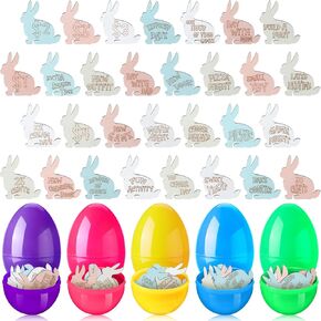30 Set Easter Eggs Fillers Tokens with Plastic empty Egg Bulk Wooden Easter Bunny Coins Family Night Tokens with Engraved Sayings for Hunt Prize Basket Stuffers(Egg Shape,Bright Colors)