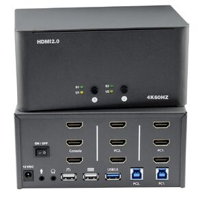 KVM Switch 2 Monitors 4 Computers,HDMI 4k@60Hz KVM Switch with 4 USB 3.0 Port and 3.5mm Audio,4 Computers Share One Set of Leyboard, Mouse and Monitors,Supports Windows/Mac/Linux, Plug-and-Play