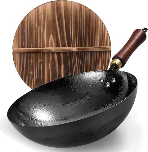 Carbon Steel Wok Pan, 9.5 “ Woks & Stir-Fry Pans with Wooden Lid Cookwares, Nonstick Wok, No Chemical Coated Flat Bottom Hand Hammered Chinese Wok For for Electric, Induction,Gas Stoves in Saudi Arabia