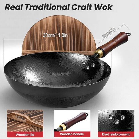 Carbon Steel Wok Pan, 9.5 “ Woks & Stir-Fry Pans with Wooden Lid Cookwares, Nonstick Wok, No Chemical Coated Flat Bottom Hand Hammered Chinese Wok For for Electric, Induction,Gas Stoves in Saudi Arabia