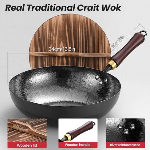 Carbon Steel Wok Pan, 9.5 “ Woks & Stir-Fry Pans with Wooden Lid Cookwares, Nonstick Wok, No Chemical Coated Flat Bottom Hand Hammered Chinese Wok For for Electric, Induction,Gas Stoves in Saudi Arabia