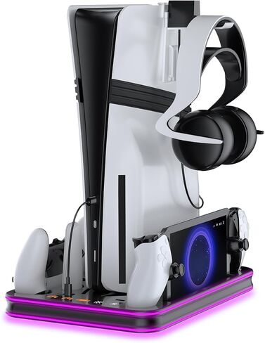 PS5 Cooling Stand and Charging Station with Dual Controller Dock, Magnetic PS Portal Charger, Compatible with PS5, PS5 Slim, PS5 Pro & Digital Editions, RGB Lighting & Space-Saving Design – White in Saudi Arabia