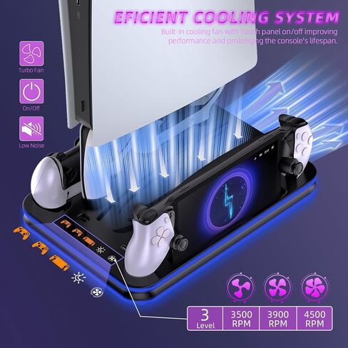 PS5 Cooling Stand and Charging Station with Dual Controller Dock, Magnetic PS Portal Charger, Compatible with PS5, PS5 Slim, PS5 Pro & Digital Editions, RGB Lighting & Space-Saving Design – White in Saudi Arabia
