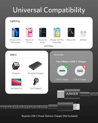 Anker New Nylon USB C to Lightning Cable, Apple MFi Certified for iPhone 14 Series, and More (6FT, Black) in Kuwait