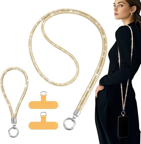 TiMOVO Universal Phone Lanyard Crossbody, Rhinestone Cell Phone Chain Anti-Theft with 1× Shiny Phone Strap, 1× Wrist Strap, 2× Pads for Most Smartphones, Phone Neck Holder for Women, Black in Kuwait