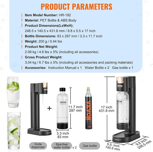 VEVOR Sparkling Water Maker, Soda Maker Machine for Home, Soda Maker with BPA-free 1L PET Bottle, 2 CO2 Cylinders(Not Contain CO2 GAS), Compatible with Mainstream Screw-in 60L CO2 Cylinder in Saudi Arabia