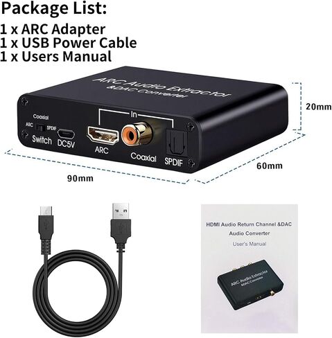 HDMI ARC Audio Extractor, 192KHz DAC Audio Converter HDMI ARC Input and TOSLINK SPDIF/Analog L/R RCA Stereo Output Audio Adapter Compatible HDTV Soundbar Speaker Amplifier in Saudi Arabia