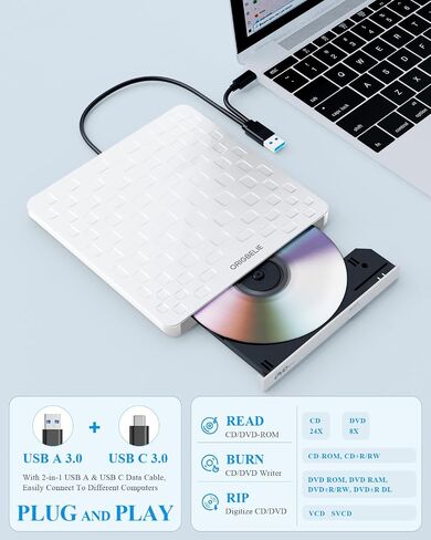 External CD DVD Drive for Laptop, USB 3.0 Type-C Ultra Slim 13mm DVD Player Portable CD DVD +/-RW Drive CD Burner Reader Writer Recorder for Desktop PC Windows 11/10/8/7 Linux Mac OS (Black) in Saudi Arabia