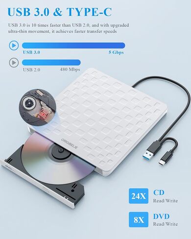 External CD DVD Drive for Laptop, USB 3.0 Type-C Ultra Slim 13mm DVD Player Portable CD DVD +/-RW Drive CD Burner Reader Writer Recorder for Desktop PC Windows 11/10/8/7 Linux Mac OS (Black) in Saudi Arabia