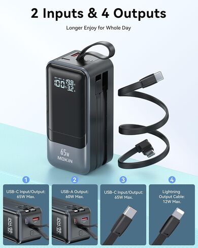 65W Portable Charger for Laptop, 18400mAh Power Bank with 2 Cables 4-Output, Smart Digital Display, Travel Laptop External Battery Pack for Laptop, MacBook, iPhone 15/14/13, iPad, Samsung in Saudi Arabia