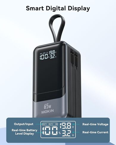 65W Portable Charger for Laptop, 18400mAh Power Bank with 2 Cables 4-Output, Smart Digital Display, Travel Laptop External Battery Pack for Laptop, MacBook, iPhone 15/14/13, iPad, Samsung in Saudi Arabia