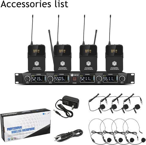 نظام ميكروفون لاسلكي UW140، مجموعة ميكروفون لاسلكي UHF بأربع قنوات مع أربعة ميكروفونات محمولة، تردد قابل للتعديل، مدى طويل 260 قدم، مثالي للكنيسة والكاريوكي وحفلات الزفاف والمناسبات in Kuwait