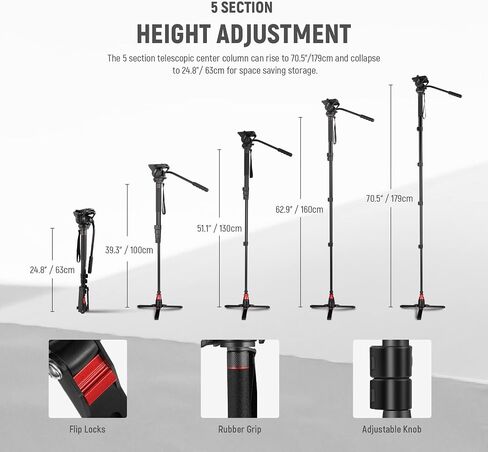 NEEWER 71.6 بوصة Pro Camera Monopod مع أقدام، مونوبود فيديو تلسكوبي من ألياف الكربون مع لوحة QR متوافقة مع DJI RS Gimbals Manfrotto، قاعدة قابلة للإزالة لكاميرا الفيديو، أقصى تحميل 13.2 رطل/6 كجم، TP71 in Kuwait