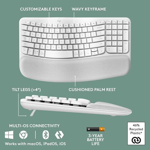 Logitech Wave Keys & Lift Vertical Mouse - Ergonomic Bundle — Wireless Keyboard with Cushioned Palm Rest & Vertical Wireless Mouse - Easy-Switch, Bluetooth, for Multi-OS, Windows/Mac - Rose in Kuwait