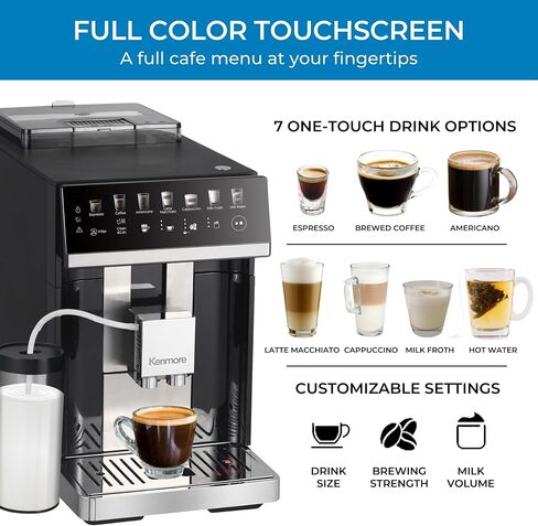 Koolatron Kenmore Fully Automatic Espresso Coffee Maker Machine Milk Frother & Grinder Dual Cream System Full Color Touchscreen One-Touch Cappuccino Latte Macchiato15 Bar Super Automatic White in Saudi Arabia
