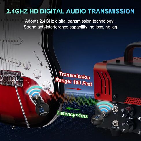 A13 Wireless Guitar System 2.4GHz 2 Modes, Rechargeable Li-Battery, 100ft Range, 10H, Plug & Play for Guitar, Bass, Violin, Keyboard - Black in Saudi Arabia