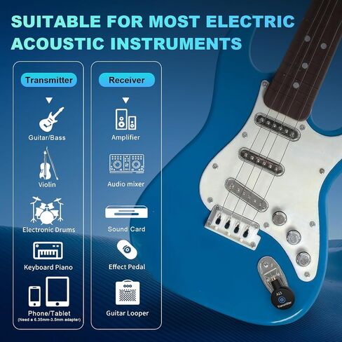 A13 Wireless Guitar System 2.4GHz 2 Modes, Rechargeable Li-Battery, 100ft Range, 10H, Plug & Play for Guitar, Bass, Violin, Keyboard - Black in Saudi Arabia