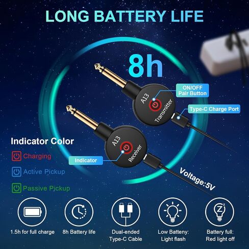 A13 Wireless Guitar System 2.4GHz 2 Modes, Rechargeable Li-Battery, 100ft Range, 10H, Plug & Play for Guitar, Bass, Violin, Keyboard - Black in Saudi Arabia