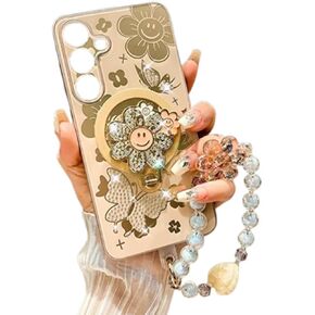 for Samsung Galaxy S24 Ultra Case for Women Girls for Magsafe,S24 Ultra Case Cute Bling Diamond Sunflower Kickstand,Glitter Girly Bead Pearl Strap Phone Case for Samsung S24 Ultra Gold