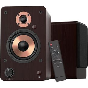 LONPOO 100W Powered Bluetooth Bookshelf Speakers with 4'' Aluminum Woofer, Support RCA, Optical, Coaxial, USB, AUX in Put for TV, PC and Turntable (LP-42M Brown)