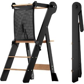 COSYLAND Foldable Toddler Standing Tower - Adjustable Height Folding Step Stool Kids Toddler Kitchen Stool Helper for Learning and Cooking - Ages 18 Months to 6 Years with Safety net Natural