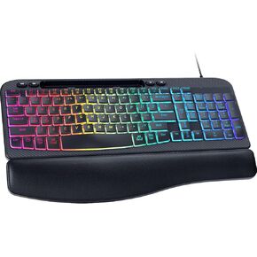 Ergonomic Backlit Keyboard with Wrist Rest, 7 Colors USB Wired Computer Keyboard, Wave Keys, with Phone/Tablet Holder, Comfortable Lighted Keyboard for PC, Windows and Mac