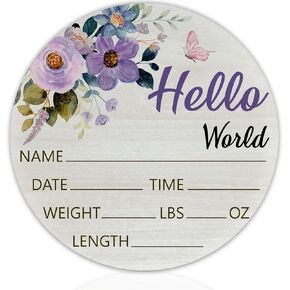 Baby Announcement Sign for Newborn and Boys Girls, Hello World Newborn Sign, Nursery Wall Décor, Baby Name Sign, Purple Rose Theme Birch Wood 6 inch Circle Board Birth Stat Sign, Newborn Gifts