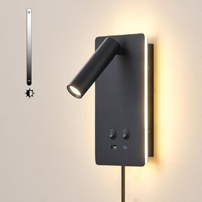 MOLUOLA LED Wall Lamp Wall Mounted Reading Lights Set of 2, Adjustable Headboard Plug in Wall Sconce with USB C+A Ports, Headboard Bedside Lamp with 9W+3W Night Light 3000K (Black)