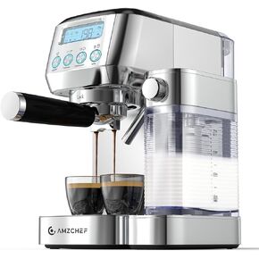 AMZCHEF Espresso Machine with LCD Display, 20 Bar Cappuccino Machines with Automatic Milk Frother for Home Gifts, Latte Coffee Maker with Dual Wall & ESE Filters, Stainless Steel Style