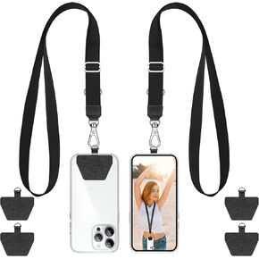 SS Phone Lanyard, 2× Adjustable Phone Neck Strap, 4 × Phone Patches, Universal Multifuctional Cell Phone Lanyards Compatible with Most Smartphones, Black Grey