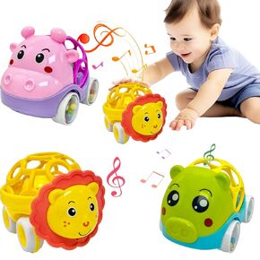 Rattle Cars Toys for Babies Age 1-2, Toddler Boys Girls Gifts Animals Push & Go Trucks(3pc) for Infant Baby 3-6-12-16-18 Months, Sensory Toy Montessori Toys Birthday Gift for 1 2 Year Old Toddlers