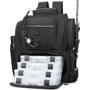 Fishing Backpack with Rod Holder. Waterproof Tackle Box Backpack