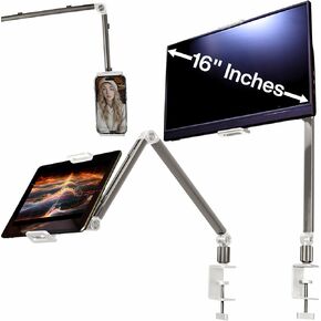 Aluminum Phone & Tablet Stand - White - Cable Management, Stable Base, 360° Rotation, Fits 16" Portable Monitors, ipads, iPhones. Hands-Free Use for Desk, Home, Office, Kitchen, or Bed.