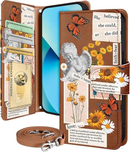 Buleens for iPhone 13 Wallet Case for Women - مع حامل البطاقة لـ iPhone 13 flip case crossbody لطيف جمالي i phone 13 case with Strap Kickstand for Girls Girly ، Black Flower in Kuwait