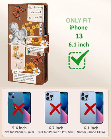 Buleens for iPhone 13 Wallet Case for Women - مع حامل البطاقة لـ iPhone 13 flip case crossbody لطيف جمالي i phone 13 case with Strap Kickstand for Girls Girly ، Black Flower in Kuwait
