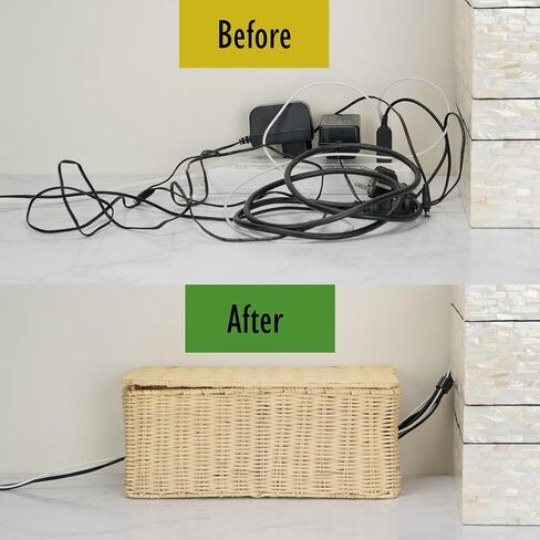 PEMAR Natural Rattan Wicker Cable Management Box, Cable Organizer, 2 Open Slots, Under Desk Cord Organizer, Cover & Hide Power Strips for TV Desk, Computer, Router, USB Hub (Natural Brown Color) in Kuwait