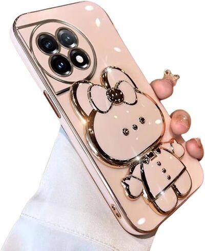 for Oneplus 12R Case Cute Hidden Rabbit Mirror Stand,Oneplus 12R Phone Case Kawaii Cartoon Plating Glitter Soft Silione Bumper Folding Bracket Girly Cover for One Plus 12 R for Girls Women Pink in Saudi Arabia