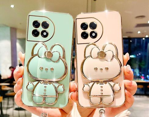 for Oneplus 12R Case Cute Hidden Rabbit Mirror Stand,Oneplus 12R Phone Case Kawaii Cartoon Plating Glitter Soft Silione Bumper Folding Bracket Girly Cover for One Plus 12 R for Girls Women Pink in Saudi Arabia