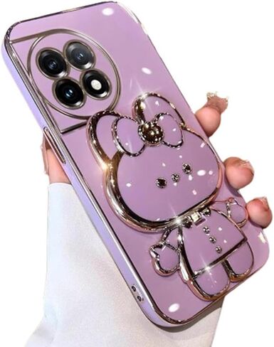 for Oneplus 12R Case Cute Hidden Rabbit Mirror Stand,Oneplus 12R Phone Case Kawaii Cartoon Plating Glitter Soft Silione Bumper Folding Bracket Girly Cover for One Plus 12 R for Girls Women Pink in Saudi Arabia