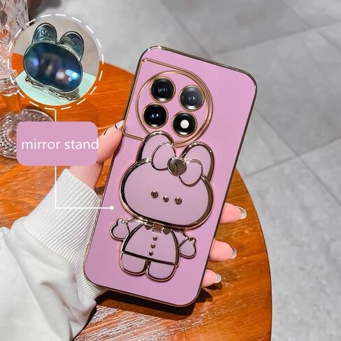 for Oneplus 12R Case Cute Hidden Rabbit Mirror Stand,Oneplus 12R Phone Case Kawaii Cartoon Plating Glitter Soft Silione Bumper Folding Bracket Girly Cover for One Plus 12 R for Girls Women Pink in Saudi Arabia
