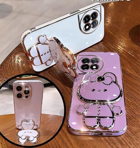 for Oneplus 12R Case Cute Hidden Rabbit Mirror Stand,Oneplus 12R Phone Case Kawaii Cartoon Plating Glitter Soft Silione Bumper Folding Bracket Girly Cover for One Plus 12 R for Girls Women Pink in Saudi Arabia
