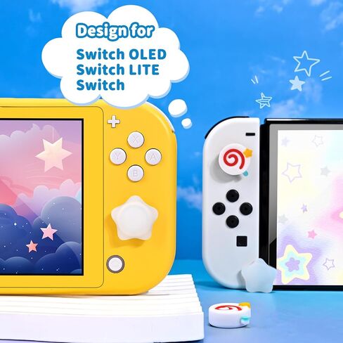 Dlseego Thumb Grips Caps Design for Switch/Switch OLED/Switch Lite Console ، سيليكون ناعم Joycon التناظرية تحكم واقية مضاد للانزلاق 4pcs الزر فرح Con Coystick Caps Stars - Pink White in Kuwait