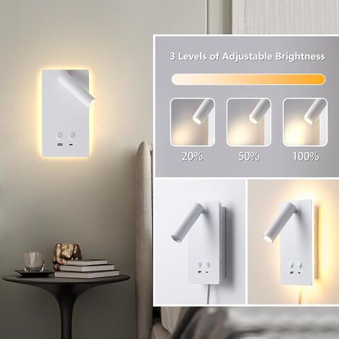 MOLUOLA LED Wall Lamp Wall Mounted Reading Lights Set of 2, Adjustable Headboard Plug in Wall Sconce with USB C+A Ports, Headboard Bedside Lamp with 9W+3W Night Light 3000K (Black) in Saudi Arabia