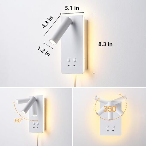 MOLUOLA LED Wall Lamp Wall Mounted Reading Lights Set of 2, Adjustable Headboard Plug in Wall Sconce with USB C+A Ports, Headboard Bedside Lamp with 9W+3W Night Light 3000K (Black) in Saudi Arabia