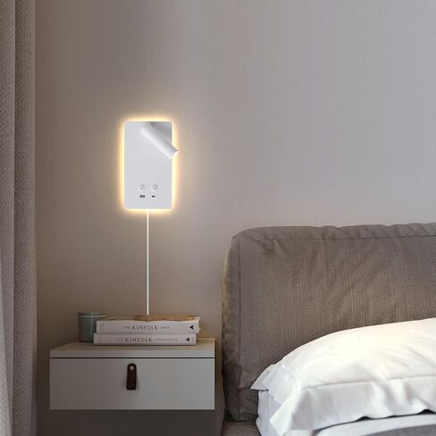 MOLUOLA LED Wall Lamp Wall Mounted Reading Lights Set of 2, Adjustable Headboard Plug in Wall Sconce with USB C+A Ports, Headboard Bedside Lamp with 9W+3W Night Light 3000K (Black) in Saudi Arabia