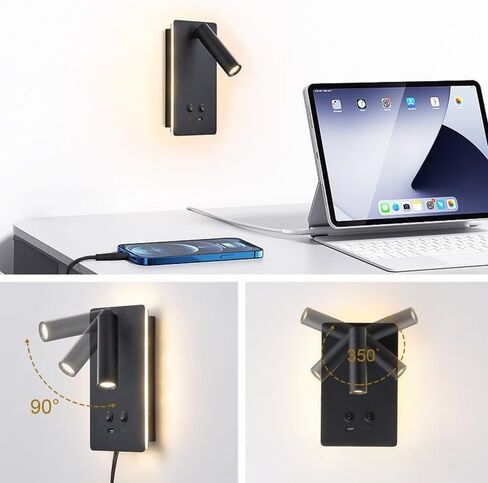Moluola LED LED مصباح الجدار مصباح مثبتة على الجدار مجموعة من 2 ، قابس اللوح الأمامي قابل للتعديل في شمعدان الجدار مع USB C+A المنافذ ، مصباح السرير اللوح الأمامي مع 9W+3W ضوء الليل 3000K (أسود) in Kuwait