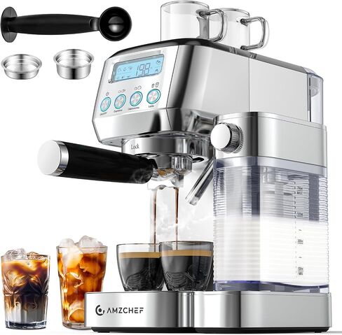 AMZCHEF Espresso Machine with LCD Display, 20 Bar Cappuccino Machines with Automatic Milk Frother for Home Gifts, Latte Coffee Maker with Dual Wall & ESE Filters, Stainless Steel Style in Saudi Arabia